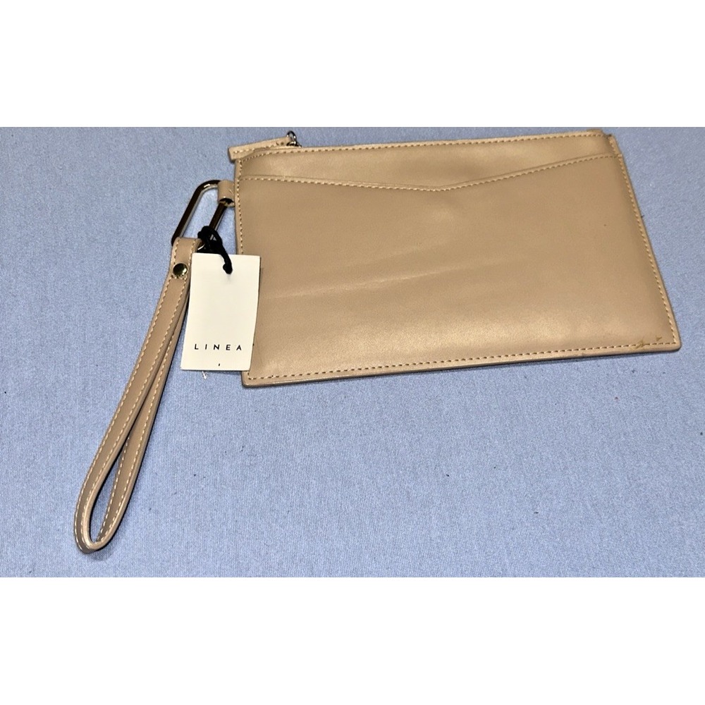 House of Fraser Linea Faux‎ Leather Wallet Pouch Wrist Strap Tan Gold Zipper